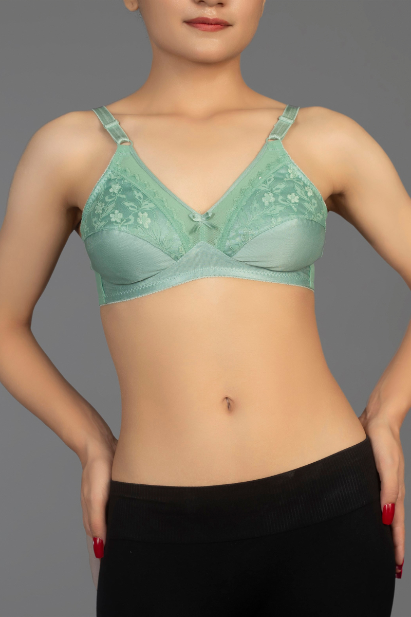 Light Green - Lady Beela wire free non padded double layered full cup net bra.