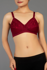 Maroon - Lady Beela wire free light padded half cup laced full coverage cotton bra.