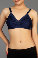 Navy - Lady Beela wire free non padded double layered full cup net bra.