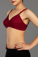 Maroon - Lady Beela wire free light padded half cup laced full coverage cotton bra.