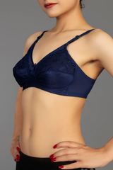 Navy - Lady Beela wire free non padded double layered full cup net bra.