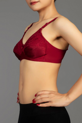 Maroon - Lady Beela wire free non padded half cup laced double layered net bra