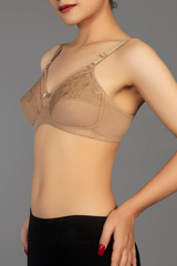 Light Brown - Lady Beela wire free light padded half cup laced full coverage cotton bra