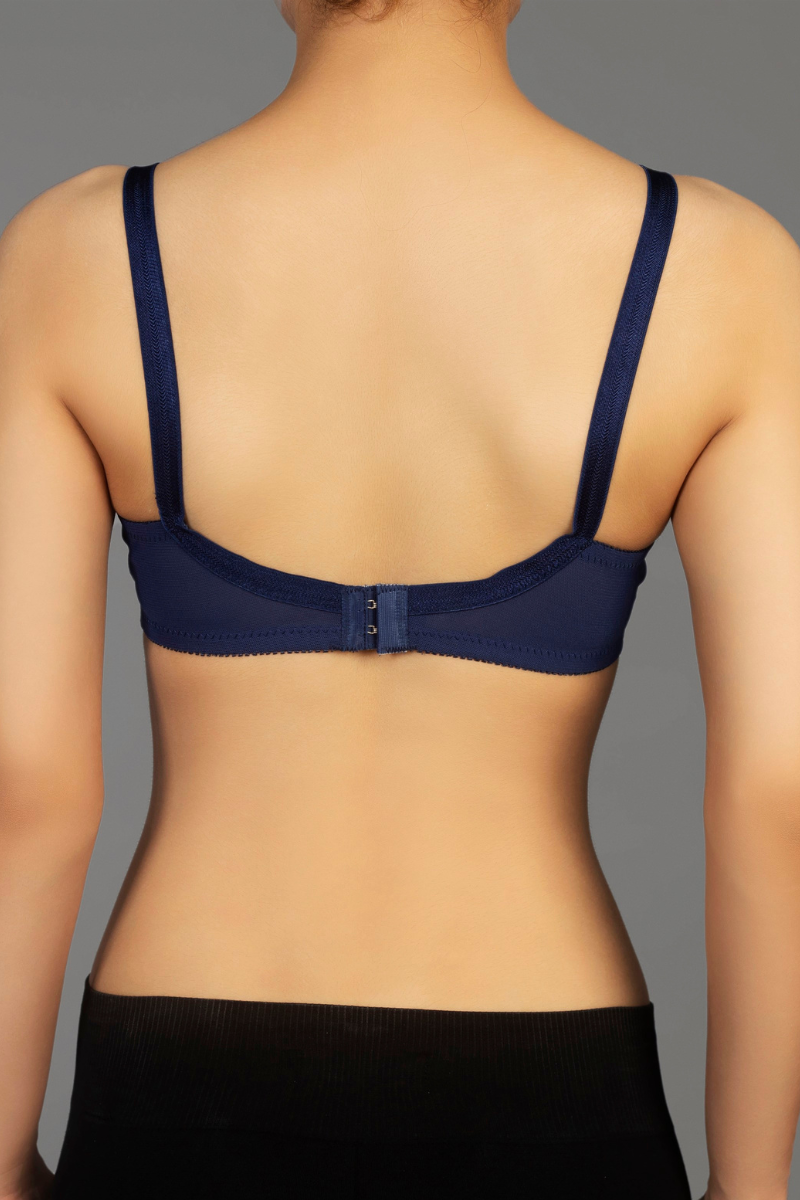 Navy - Lady Beela wire free non padded double layered full cup net bra.