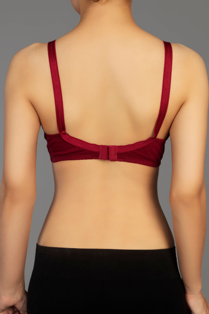 Maroon - Lady Beela wire free light padded half cup laced full coverage cotton bra.