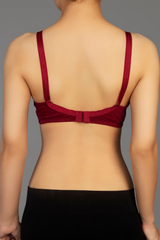 Maroon - Lady Beela wire free light padded half cup laced full coverage cotton bra.