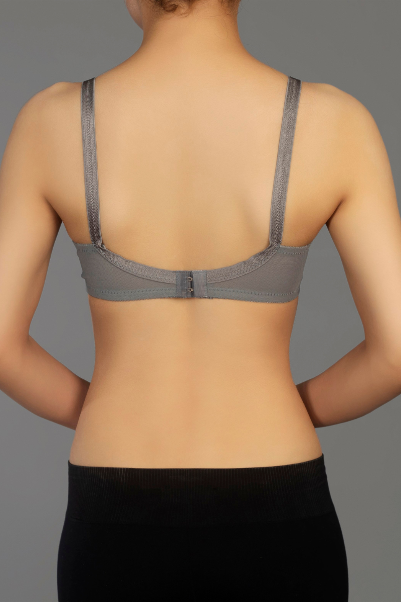 Grey - Lady Beela wire free non padded double layered full cup net bra.